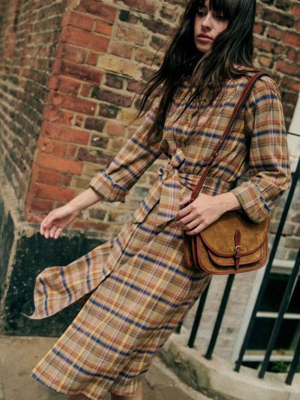 New Sezane Alix Plaid Shirtdress Folk Check Tan 38, 6 NO BELT